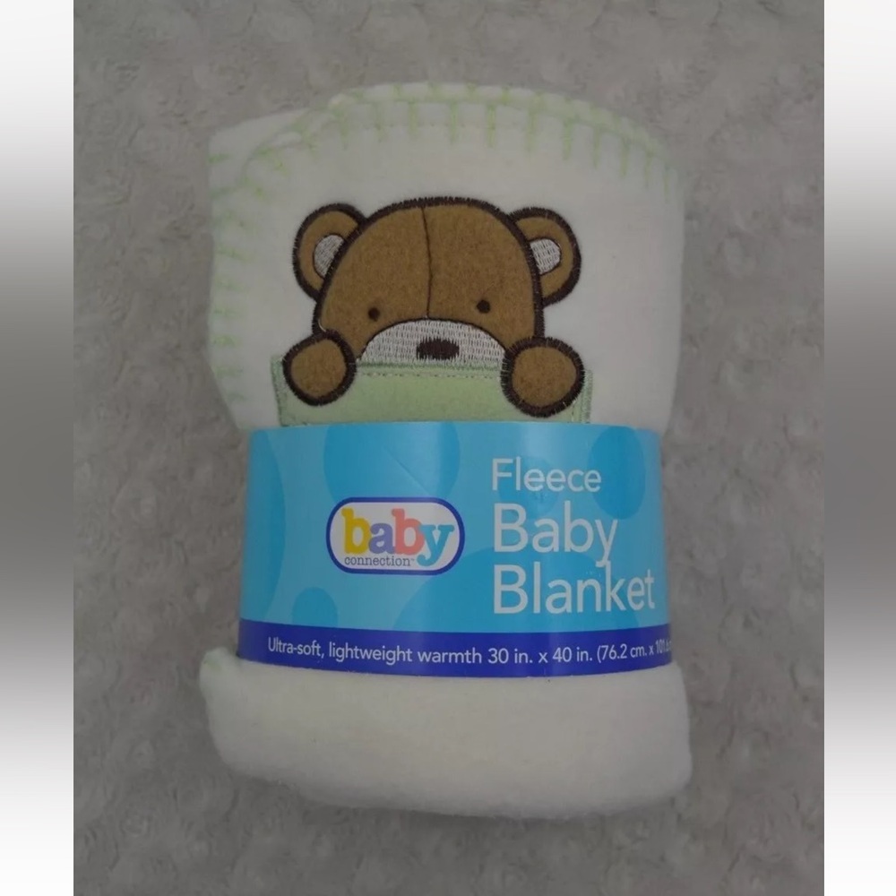 Baby Connection Teddy Bear Blanket Cream Green Tan Stitched Edge Fleece Lovey